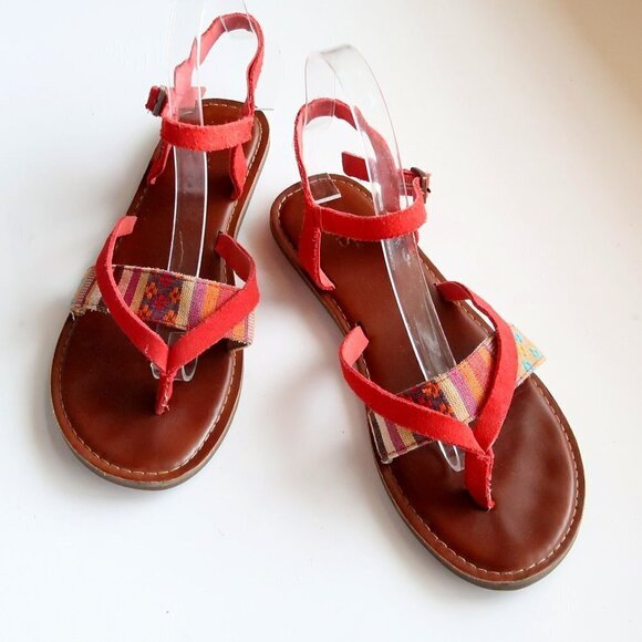 Toms Lexie Red Suede Leather & Canvas Strappy Slingback Thong Flat Sandals 8.5 W - Picture 12 of 16